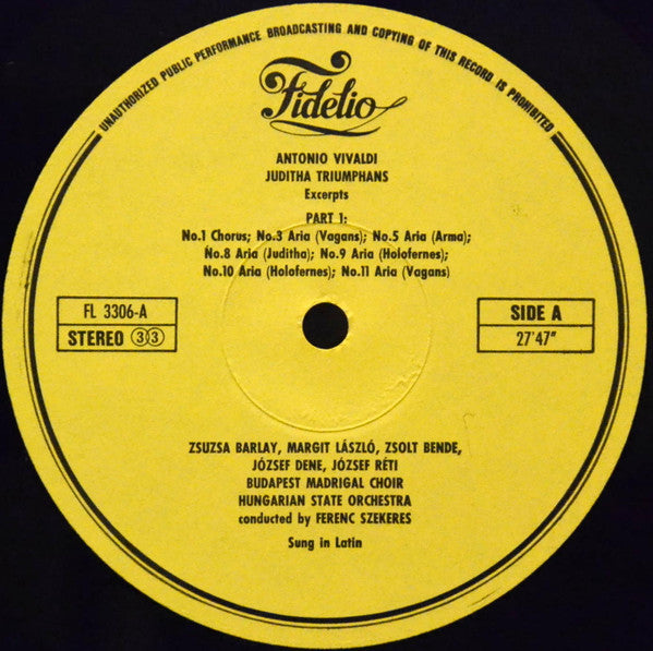 Antonio Vivaldi - Zsuzsa Barlay, Ferenc Szekeres, Budapesti Madrigálkórus, Hungarian State Orchestra - Juditha Triumphans (Excerpts) (second hand LP)