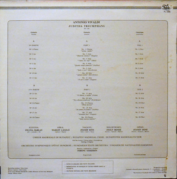 Antonio Vivaldi - Zsuzsa Barlay, Ferenc Szekeres, Budapesti Madrigálkórus, Hungarian State Orchestra - Juditha Triumphans (Excerpts) (second hand LP)