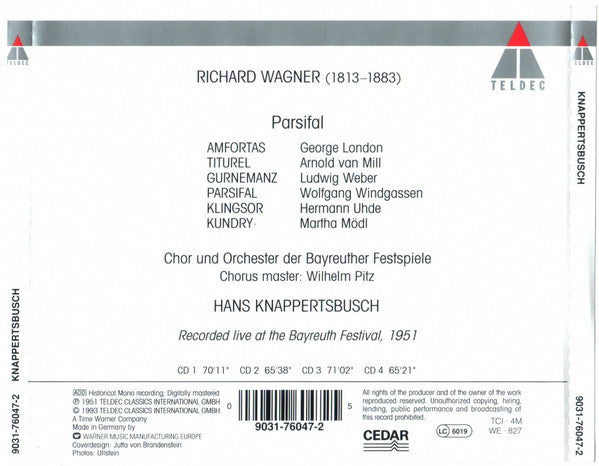Richard Wagner - Wolfgang Windgassen, Martha Mödl, Ludwig Weber, George London (2), Hermann Uhde, Arnold van Mill, Hans Knappertsbusch - Parsifal - Bayreuth 1951 (second-hand CD)